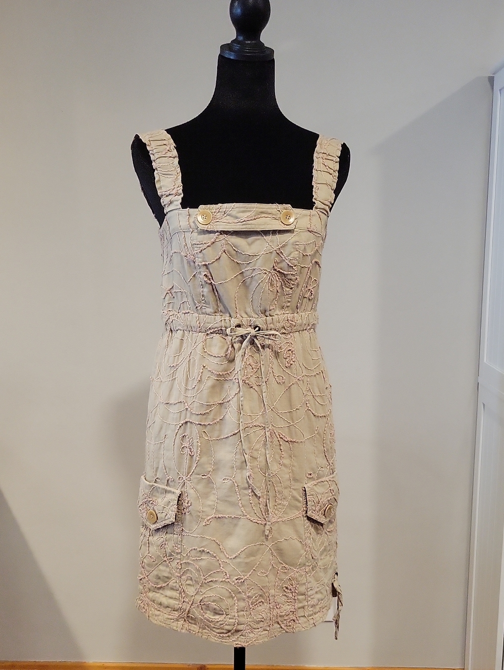 Beige Embroidered Tie-Waist Sundress